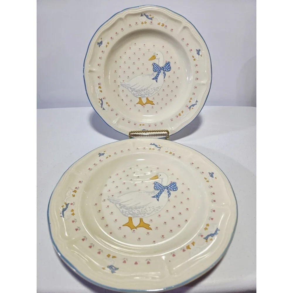 Brick Oven Stoneware Aunt Rhody Geese Goose Blue Bow Dinner Plates Cottagecore